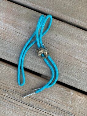 Vintage Western Bolo Tie Teal Gold Toned Horse Head Horseshoe Boho Cowboy Retro